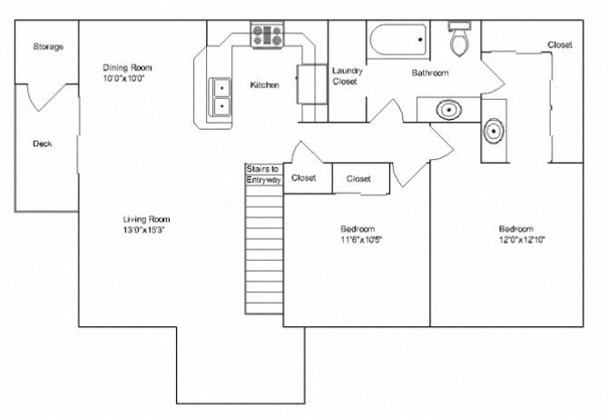 Floor plan for 2 beds, 1 bath, 1110 sqft